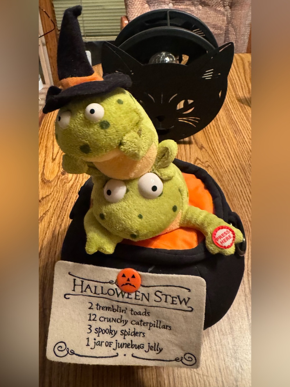 Halloween decoration two plush toads black cauldron musical hallmark
